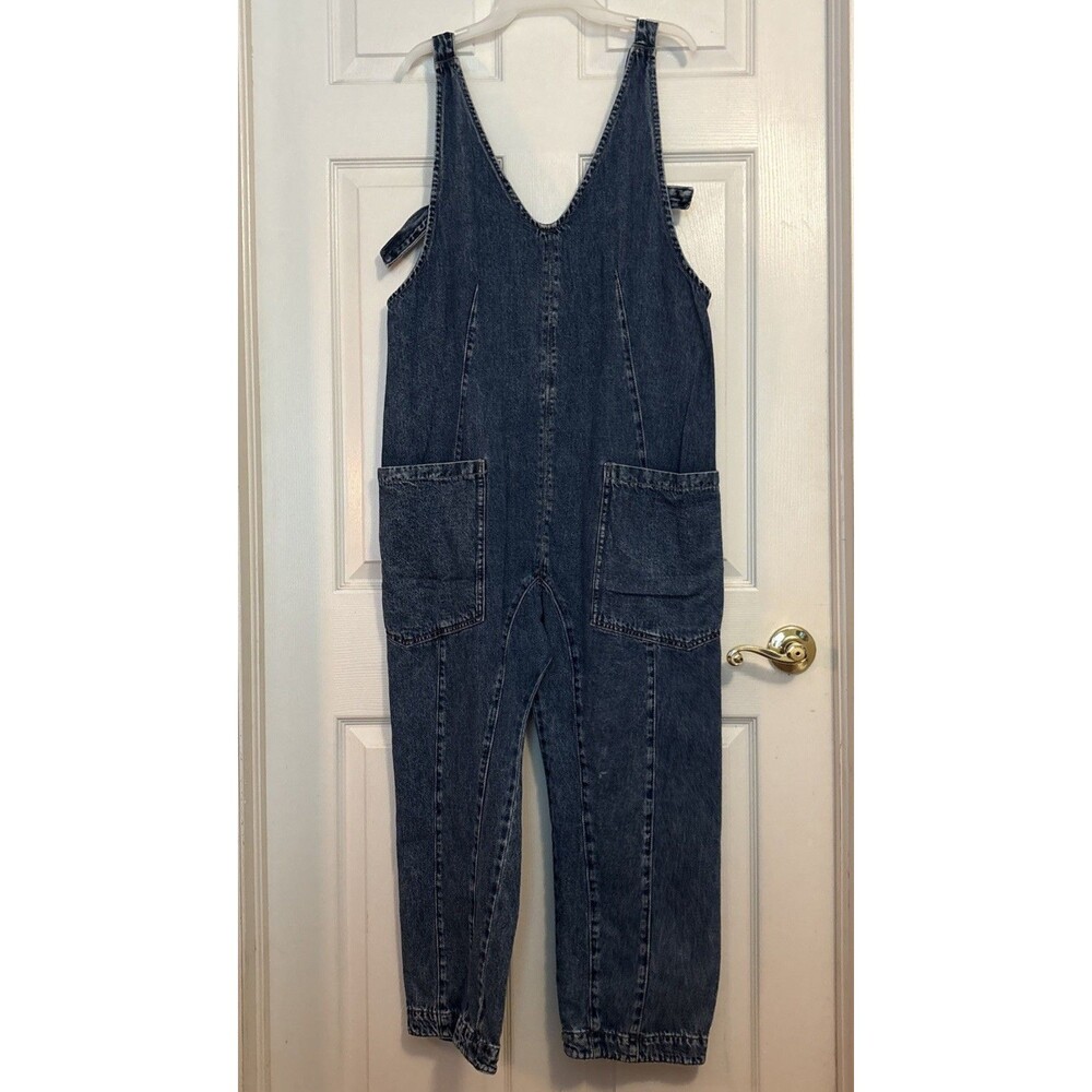 Free People We The Free High Roller Denim Jumpsuit Blue Boho Hippie Romper, Sz L - Picture 2 of 13